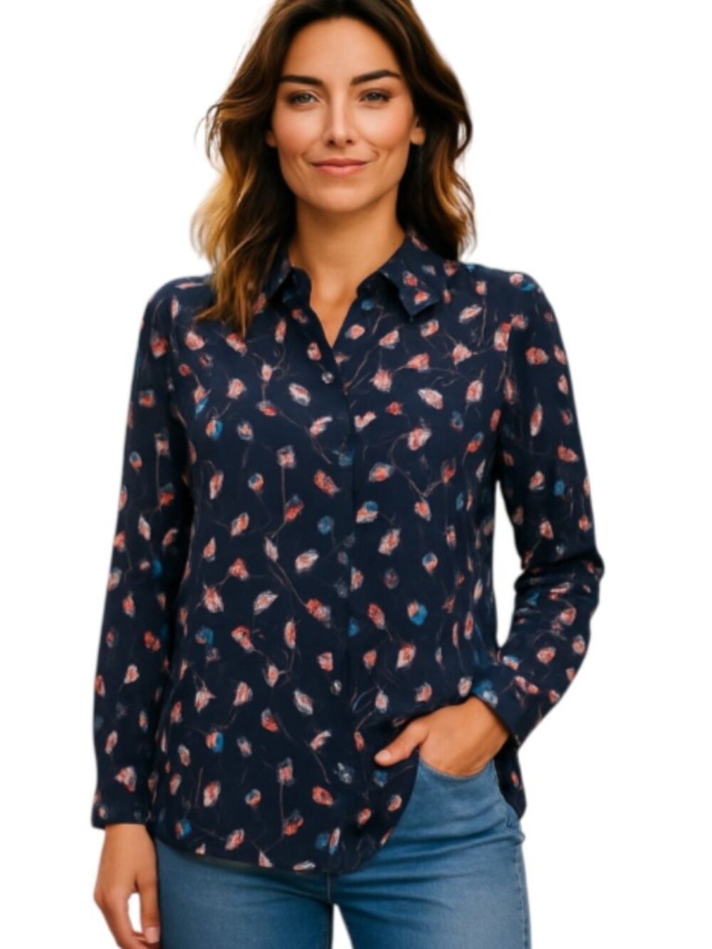 James Kenrob by Dalton Size 8 Black Floral Print Blouse Collar Button-up Cuffs